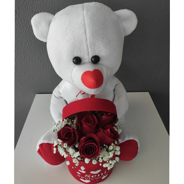Döşemealtı Çiçekçi Peluş Ayıcık Kucağında 5 Kırmızı Gül