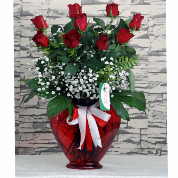  Döşemealtı Çiçek Gönder Kalp Vazoda 9 Gül